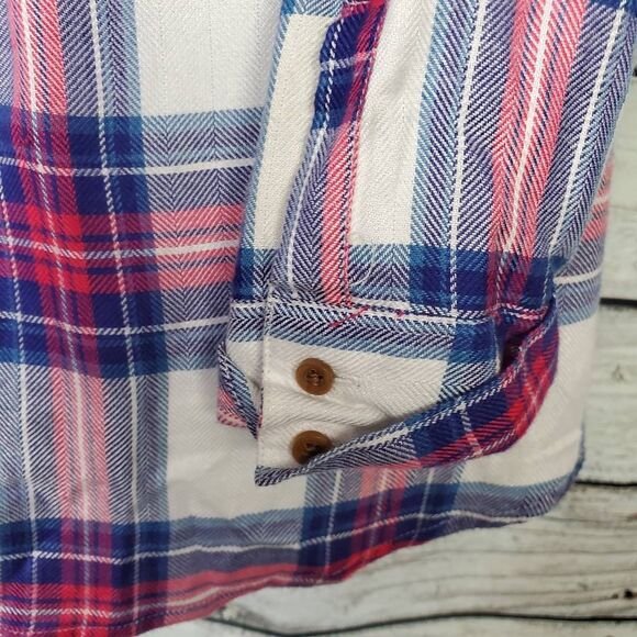 Tinsel Women’s Large Pink Blue Plaid Long Sleeve Button Down Shirt 100% Rayon - Picture 5 of 8